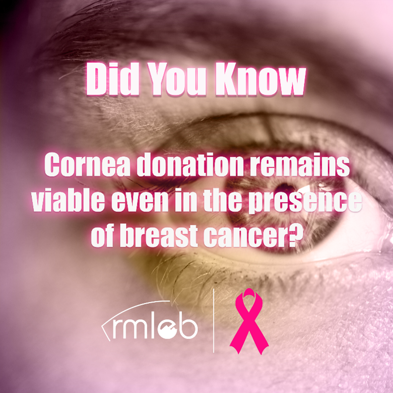image of eye with words "Did you know cornea donation remains viable even in the presence of breast cancer?" rmleb logo and pink ribbon representing breast cancer awareness